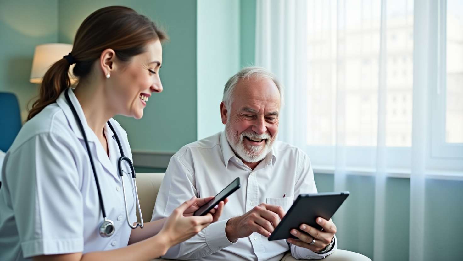 Doctor assisting patient using a digital tablet for Efeedor patient experience management.
